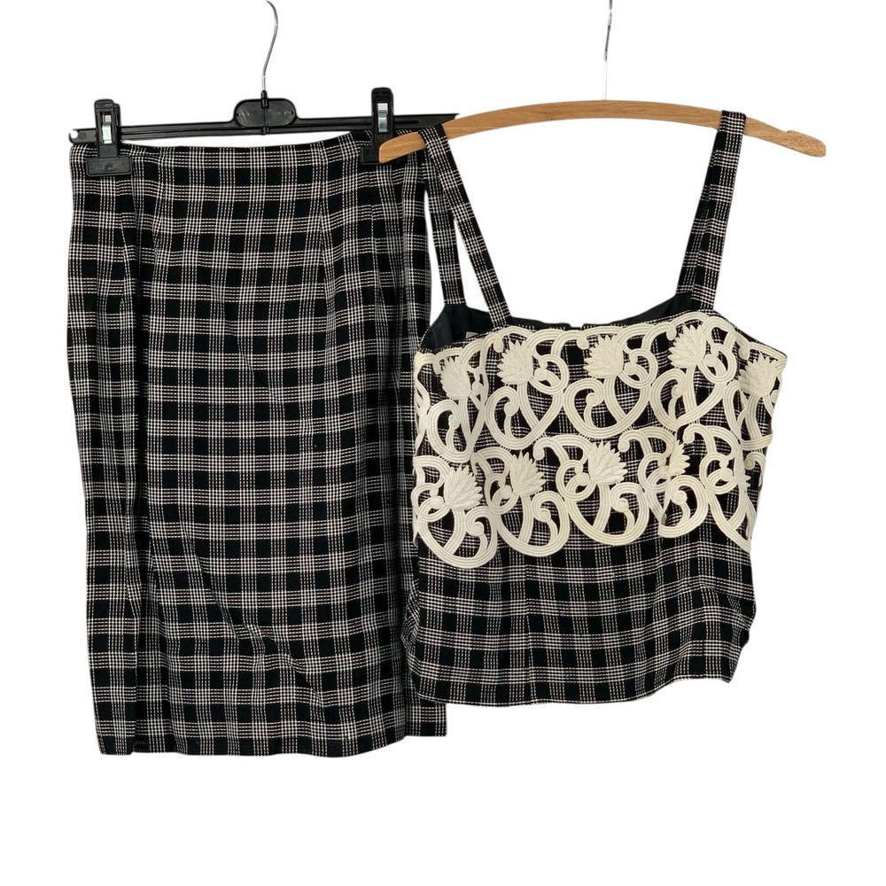 Vintage Christian Dior 2 Pc Plaid‎ Skirt/Top Set Lace Accent Black/White Size 4